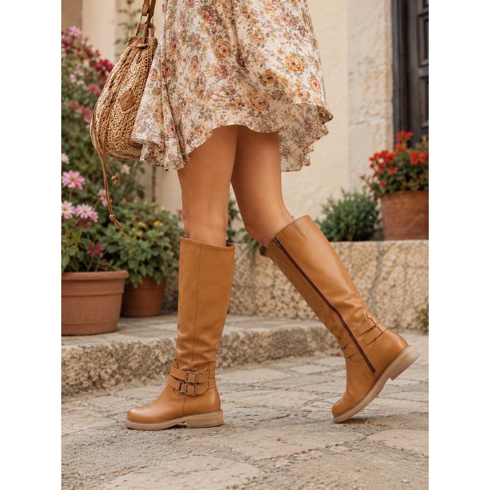 NEW Sam Edelman FREDA Tall Riding Boots Women 6 Leather Buckle Knee High CASHEW